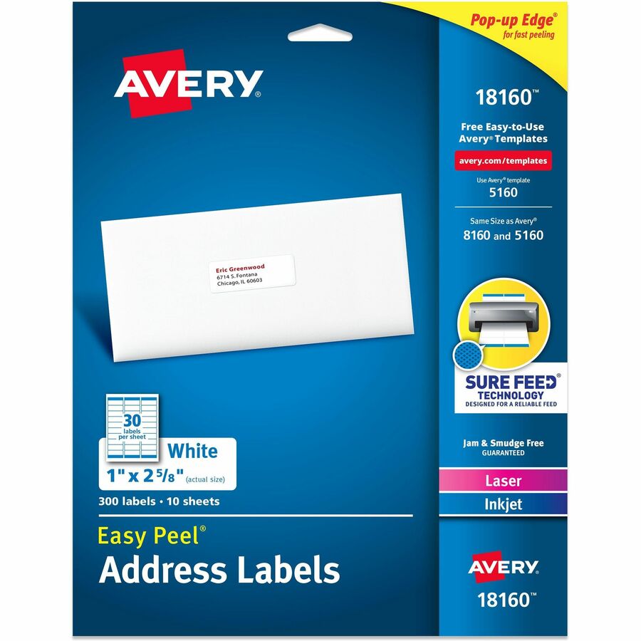 Avery 18160 Easy Peel Address Labels – 1" x 2-5/8", 300 Labels