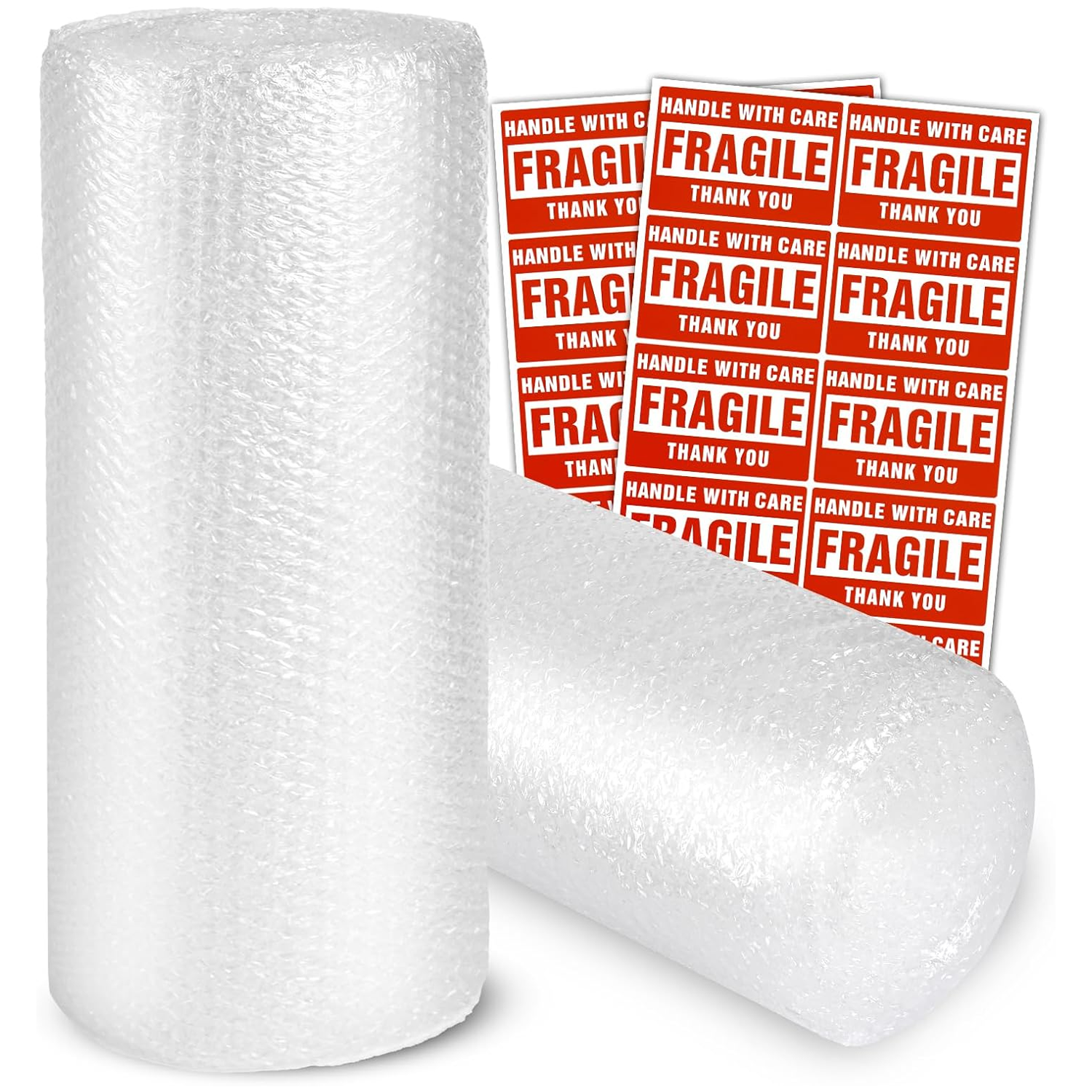 Bubble Cushion Wrap – 3/16" x 12" x 75 Ft Total [2 Rolls], Perforated Every 12", 20 Fragile Stickers