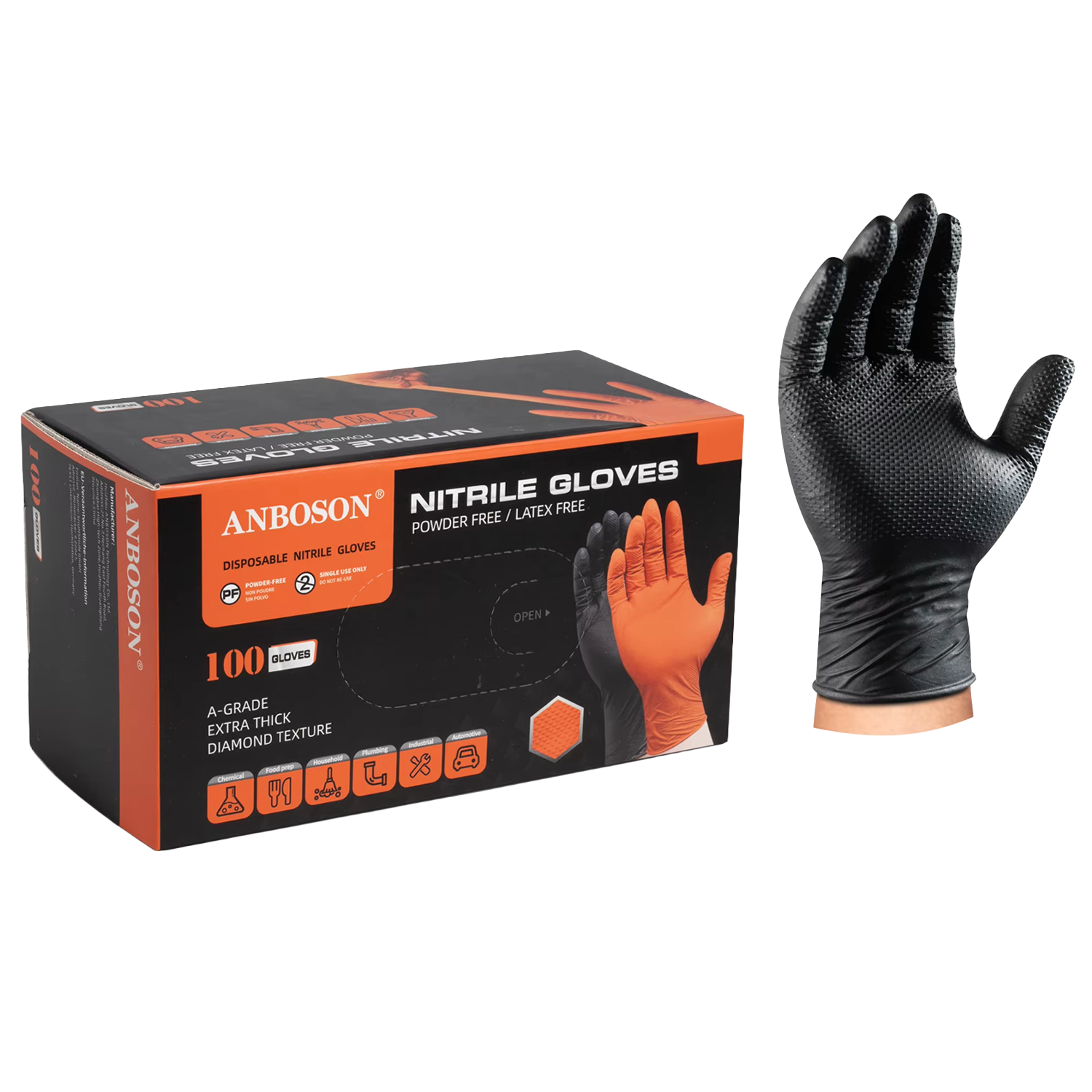 Anboson 8 Mil Diamond Texture Nitrile Gloves – Black, Large, 100/Pack